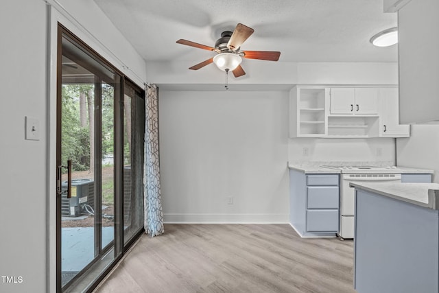 624 Pine Ridge Pl, Raleigh, NC 27609 - kitchen featuring open shelves, light wood-type flooring, ceiling fan, dishwashing machine, and white cabinets