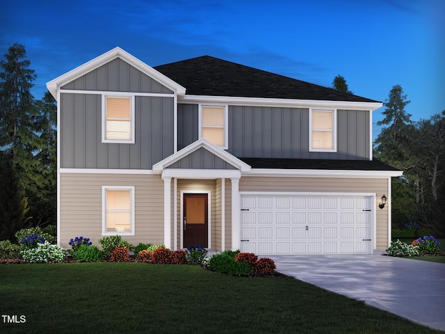 2295 Cherry Creek Rd, Haw River, NC 27258 - view of front of home with board and batten siding, concrete driveway, an attached garage, and a front lawn