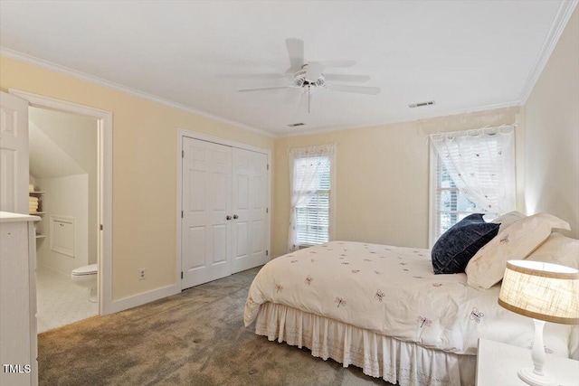 12329 Whartons Way, Raleigh, NC 27613 - carpeted bedroom with ornamental molding, a closet, connected bathroom, and ceiling fan