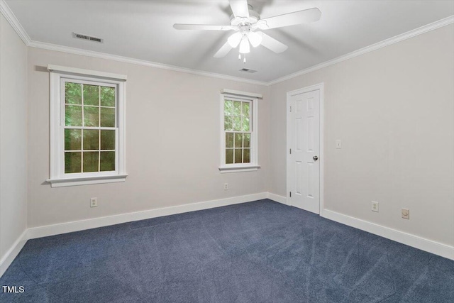 12329 Whartons Way, Raleigh, NC 27613 - spare room featuring crown molding, dark colored carpet, and a ceiling fan