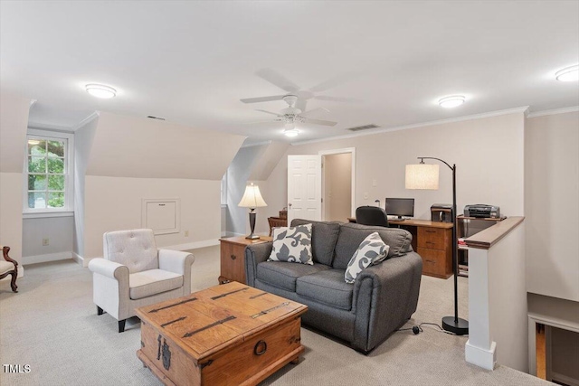 12329 Whartons Way, Raleigh, NC 27613 - living area featuring light colored carpet, a ceiling fan, ornamental molding, and lofted ceiling