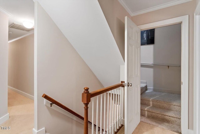 12329 Whartons Way, Raleigh, NC 27613 - stairway featuring carpet and crown molding