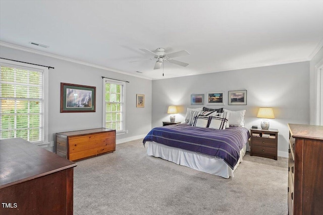 12329 Whartons Way, Raleigh, NC 27613 - bedroom with crown molding, light carpet, and ceiling fan