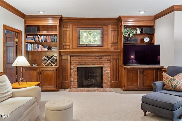 12329 Whartons Way, Raleigh, NC 27613 - carpeted living area featuring a brick fireplace, built in shelves, and ornamental molding