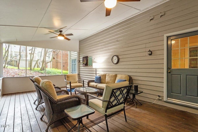 12329 Whartons Way, Raleigh, NC 27613 - sunroom featuring ceiling fan, outdoor lounge area, and lofted ceiling
