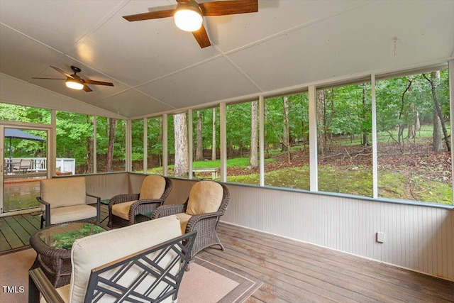 12329 Whartons Way, Raleigh, NC 27613 - sunroom featuring ceiling fan, an outdoor living space, and lofted ceiling