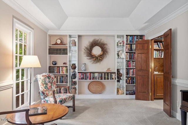 12329 Whartons Way, Raleigh, NC 27613 - sitting room with a tray ceiling, carpet, built in shelves, and ornamental molding