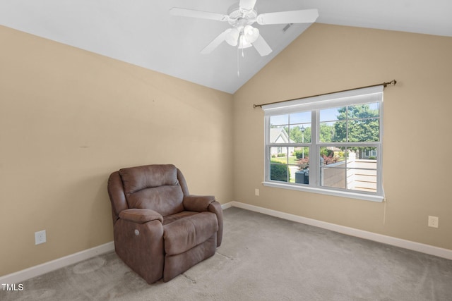 336 Faith Dr, Gibsonville, NC 27249 - living area with light colored carpet, ceiling fan, and high vaulted ceiling