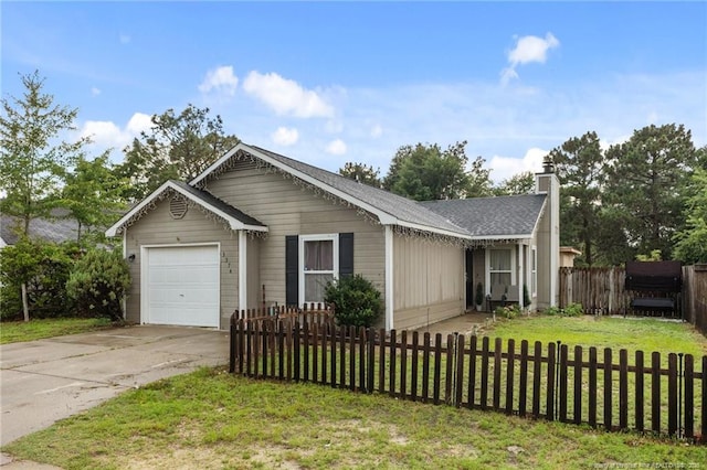 3374 Legion Rd, Hope Mills, NC 28348 - ranch-style house with an attached garage, a fenced front yard, a chimney, and concrete driveway