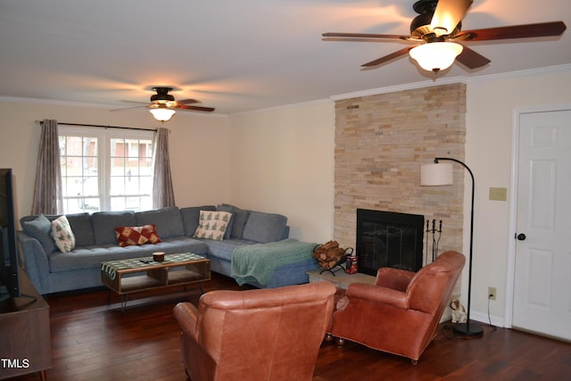 138 Dorsey Pl, Henderson, NC 27536 - living room with a ceiling fan, ornamental molding, wood finished floors, and a fireplace