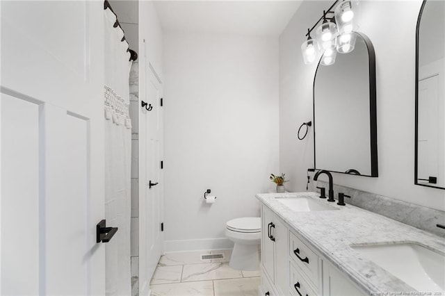 412 Stable Ct, Linden, NC 28356 - full bathroom with marble look tile flooring, double vanity, and a shower with shower curtain