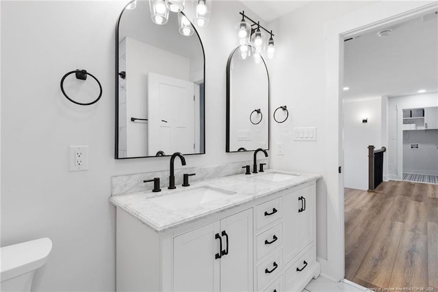 412 Stable Ct, Linden, NC 28356 - full bathroom featuring double vanity, wood finished floors, and recessed lighting