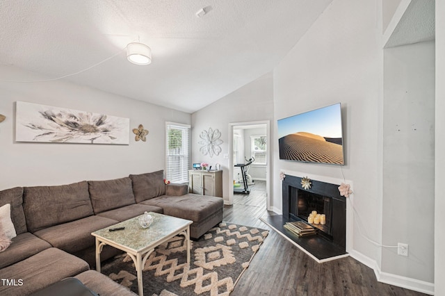 307 Wax Myrtle Ct, Cary, NC 27513 - living area with a fireplace with raised hearth, lofted ceiling, wood finished floors, and a textured ceiling