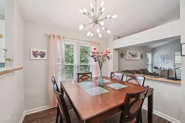 307 Wax Myrtle Ct, Cary, NC 27513 - dining room featuring a chandelier, dark wood-style floors, and vaulted ceiling