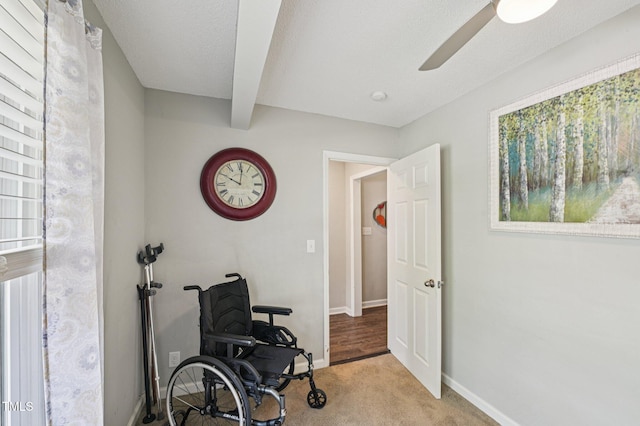 307 Wax Myrtle Ct, Cary, NC 27513 - carpeted office with beamed ceiling and a ceiling fan