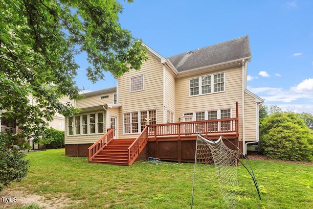 5001 Sears Farm Rd, Cary, NC 27519 - back of property featuring stairs, a wooden deck, a lawn, and a sunroom