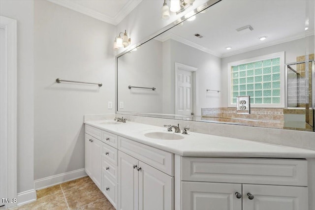 5001 Sears Farm Rd, Cary, NC 27519 - full bathroom with double vanity, ornamental molding, a tile shower, and tile patterned flooring