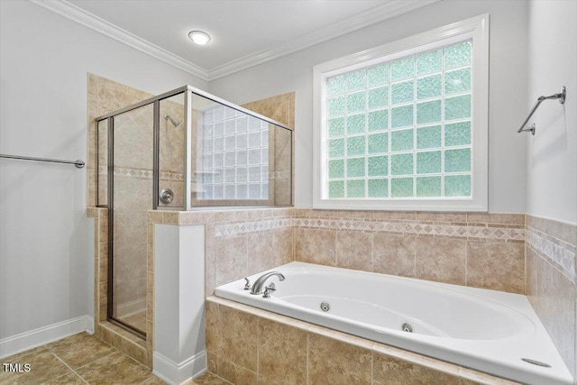 5001 Sears Farm Rd, Cary, NC 27519 - full bathroom with a jetted tub, a stall shower, and crown molding