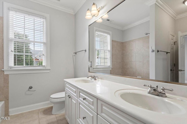 5001 Sears Farm Rd, Cary, NC 27519 - full bathroom featuring double vanity, a bathtub, tile patterned floors, and ornamental molding