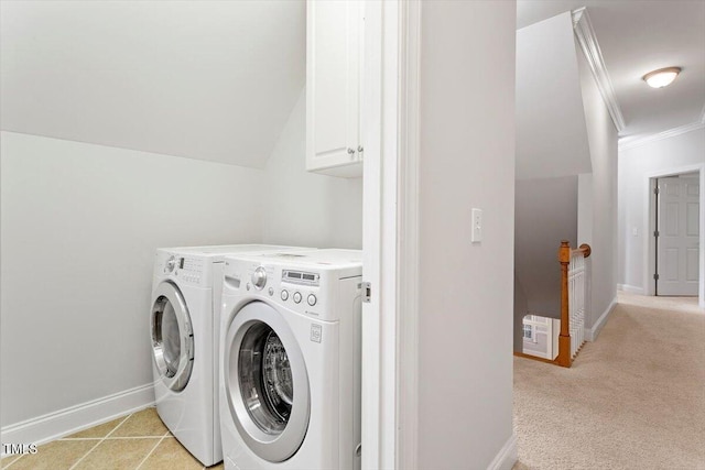 5001 Sears Farm Rd, Cary, NC 27519 - laundry area featuring independent washer and dryer, cabinet space, crown molding, and light colored carpet