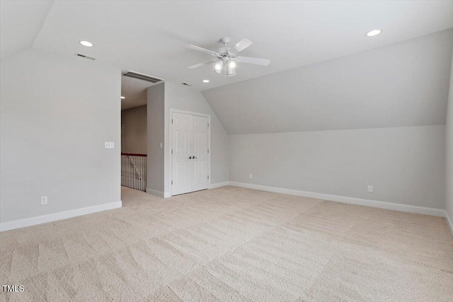 5001 Sears Farm Rd, Cary, NC 27519 - bonus room with vaulted ceiling, carpet floors, a ceiling fan, and recessed lighting