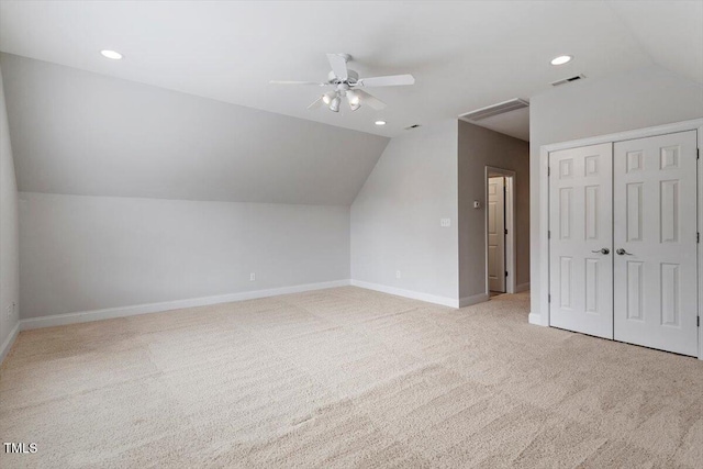 5001 Sears Farm Rd, Cary, NC 27519 - additional living space with lofted ceiling, ceiling fan, light carpet, and recessed lighting