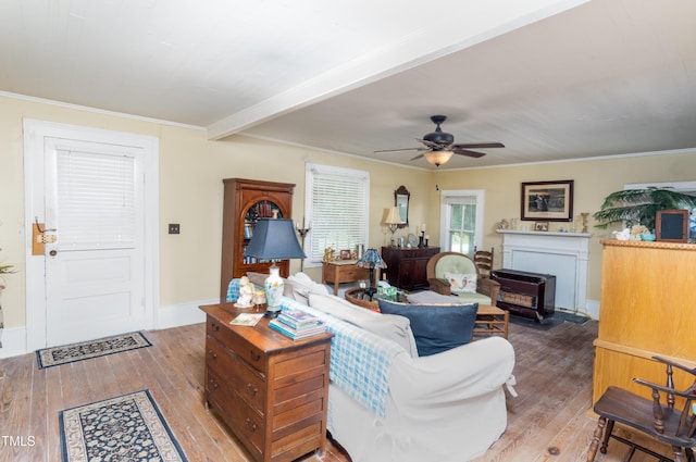 7167 Adolph Rd, Bailey, NC 27807 - living room with wood-type flooring, a ceiling fan, crown molding, and a wood stove