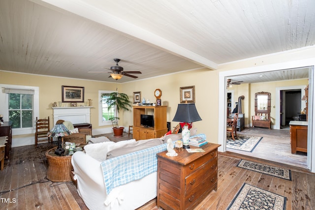 7167 Adolph Rd, Bailey, NC 27807 - living area with a ceiling fan, wood-type flooring, healthy amount of natural light, a fireplace, and crown molding