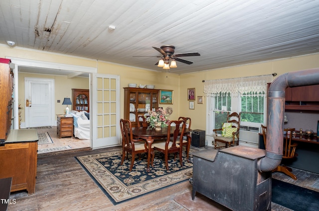 7167 Adolph Rd, Bailey, NC 27807 - dining area featuring wood finished floors, a ceiling fan, french doors, and wooden ceiling