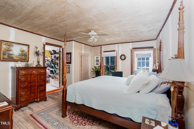 7167 Adolph Rd, Bailey, NC 27807 - bedroom with wooden ceiling, crown molding, hardwood / wood-style floors, and ceiling fan