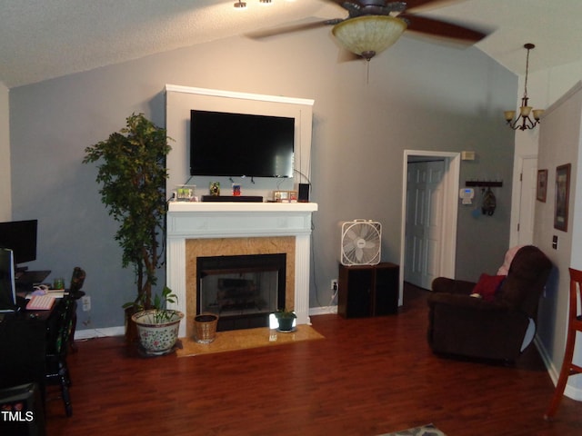 3419 Streams Of Fields Dr, Raleigh, NC 27604 - living area featuring a ceiling fan, wood finished floors, a fireplace with flush hearth, and high vaulted ceiling