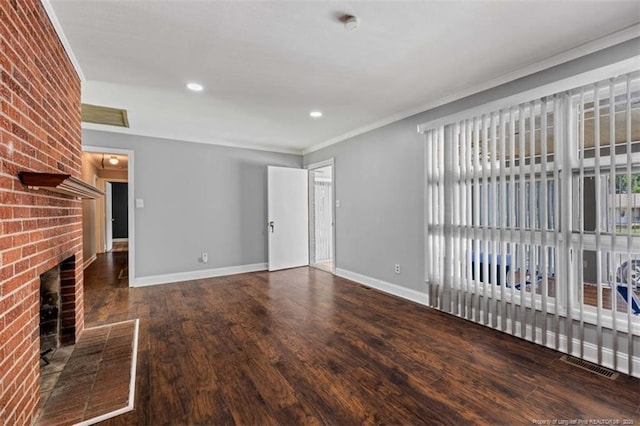 4209 Coventry Rd, Fayetteville, NC 28304 - unfurnished living room with wood finished floors, a fireplace, crown molding, and recessed lighting