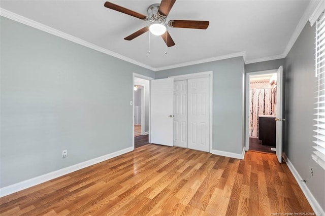 4209 Coventry Rd, Fayetteville, NC 28304 - unfurnished bedroom featuring light wood finished floors, a closet, ornamental molding, and a ceiling fan