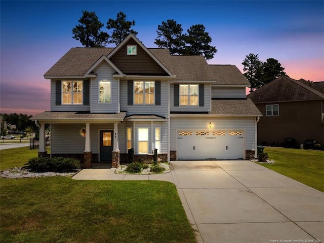 17 Tanawha Ct, Spring Lake, NC 28390 - craftsman inspired home with concrete driveway, a lawn, a garage, and covered porch
