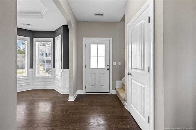 17 Tanawha Ct, Spring Lake, NC 28390 - entryway featuring dark wood-type flooring and a wainscoted wall