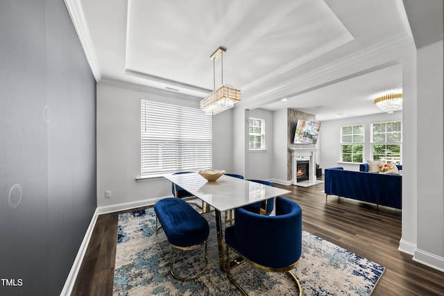 1705 Pointe Xing, Apex, NC 27523 - dining space featuring a tray ceiling, plenty of natural light, ornamental molding, and a fireplace with flush hearth
