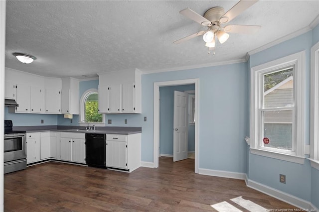 3464 Mcchoen Dr, Fayetteville, NC 28311 - kitchen featuring dishwasher, stainless steel range with electric stovetop, under cabinet range hood, white cabinetry, and dark wood-style floors