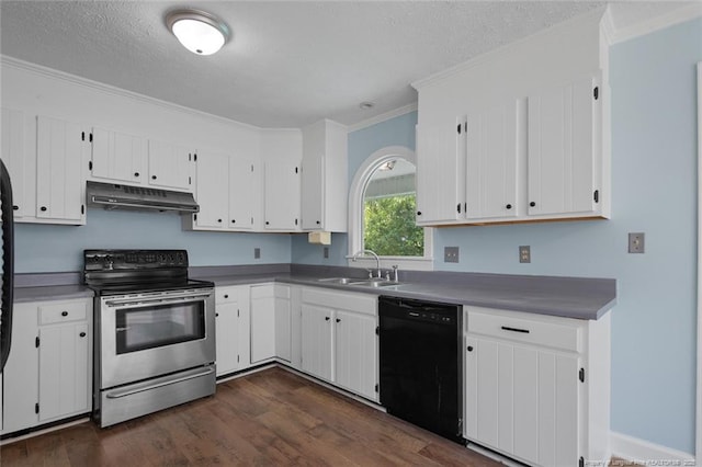 3464 Mcchoen Dr, Fayetteville, NC 28311 - kitchen featuring stainless steel electric stove, black dishwasher, under cabinet range hood, crown molding, and dark wood-style flooring