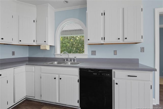 3464 Mcchoen Dr, Fayetteville, NC 28311 - kitchen featuring dishwasher, white cabinetry, dark wood-style flooring, and crown molding