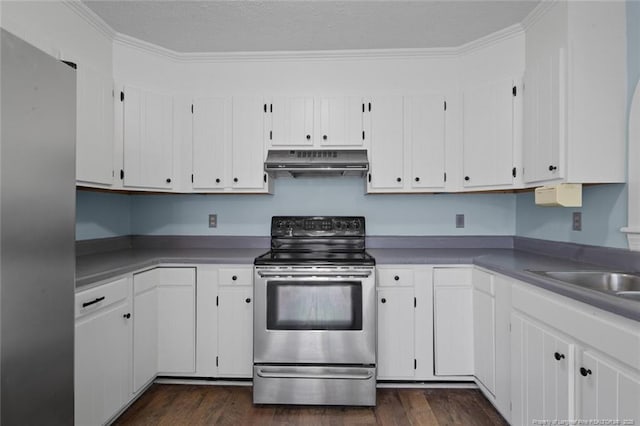3464 Mcchoen Dr, Fayetteville, NC 28311 - kitchen with stainless steel appliances, under cabinet range hood, dark wood-style flooring, white cabinets, and crown molding
