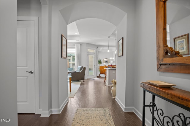 1372 Prevenient Dr, Wake Forest, NC 27587 - corridor featuring arched walkways, dark wood-style flooring, and recessed lighting