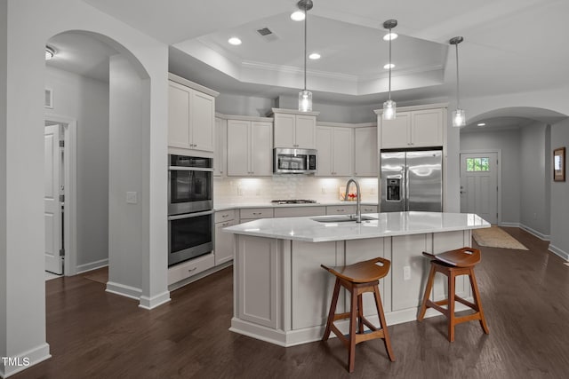 1372 Prevenient Dr, Wake Forest, NC 27587 - kitchen featuring stainless steel appliances, arched walkways, a tray ceiling, crown molding, and dark wood finished floors
