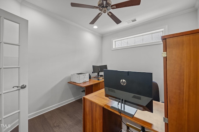 1372 Prevenient Dr, Wake Forest, NC 27587 - office space with dark wood-style flooring, ceiling fan, crown molding, and recessed lighting