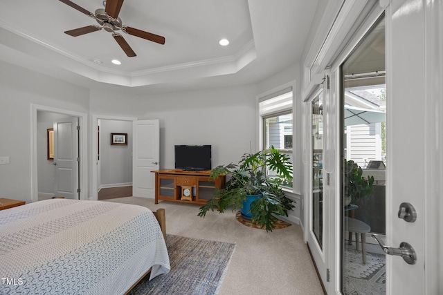 1372 Prevenient Dr, Wake Forest, NC 27587 - bedroom with ornamental molding, carpet, a raised ceiling, recessed lighting, and a ceiling fan
