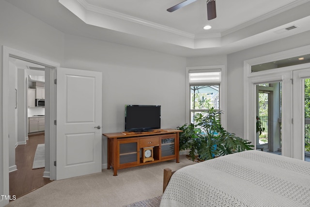 1372 Prevenient Dr, Wake Forest, NC 27587 - bedroom with crown molding, a raised ceiling, access to outside, ceiling fan, and recessed lighting