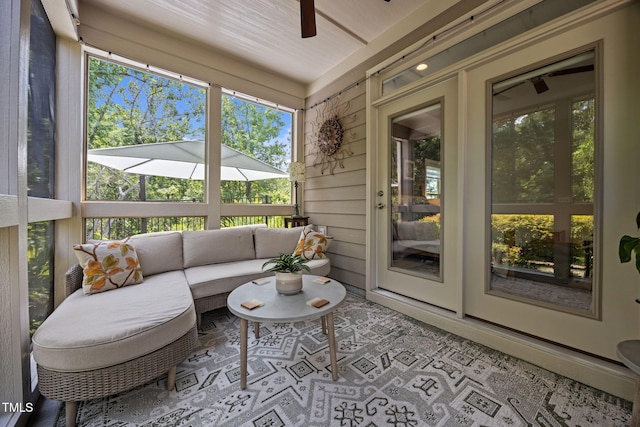 1372 Prevenient Dr, Wake Forest, NC 27587 - sunroom with ceiling fan and an outdoor hangout area