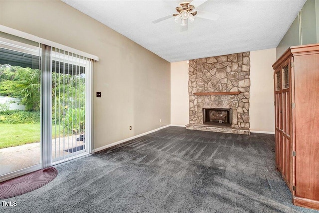 308 Spring Creek Rd, Goldsboro, NC 27534 - unfurnished living room with carpet floors, ceiling fan, and a fireplace