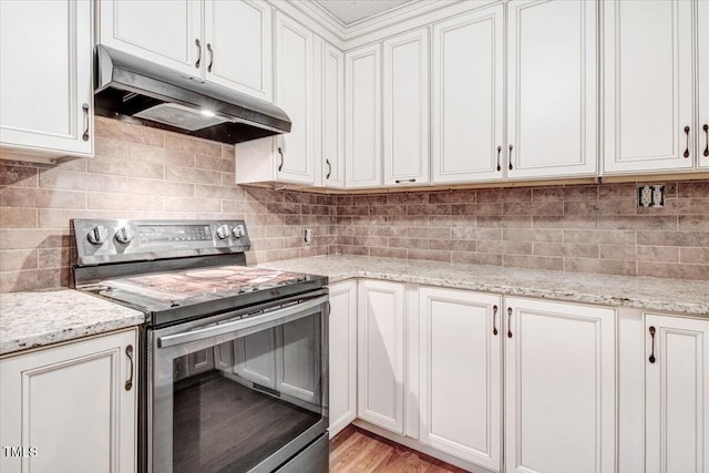 308 Spring Creek Rd, Goldsboro, NC 27534 - kitchen featuring stainless steel electric stove, under cabinet range hood, light stone counters, and backsplash