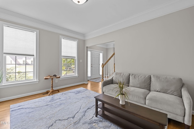 1802 Abby Knoll Dr, Apex, NC 27502 - living area with crown molding, wood finished floors, and stairs