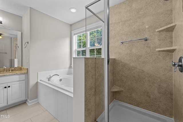 1802 Abby Knoll Dr, Apex, NC 27502 - bathroom with vanity, tile patterned flooring, a shower stall, and a garden tub